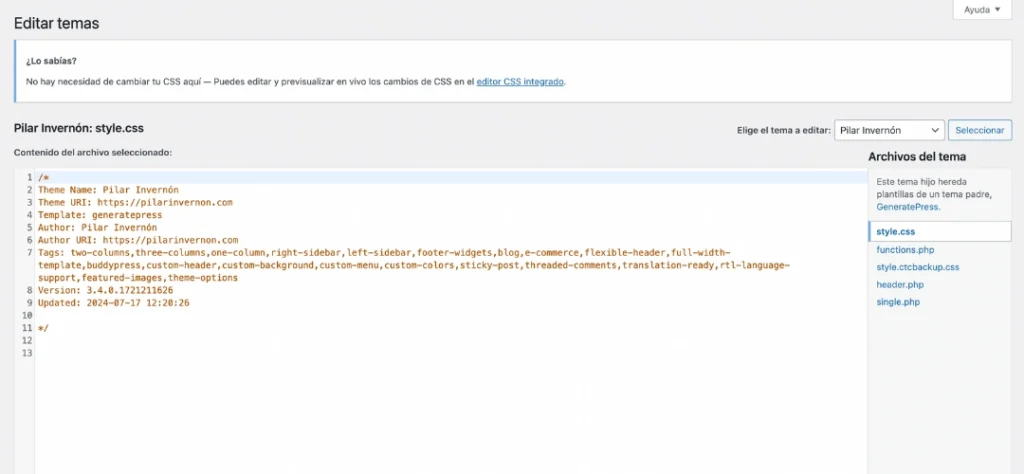 editar css wordpress archivo style.css